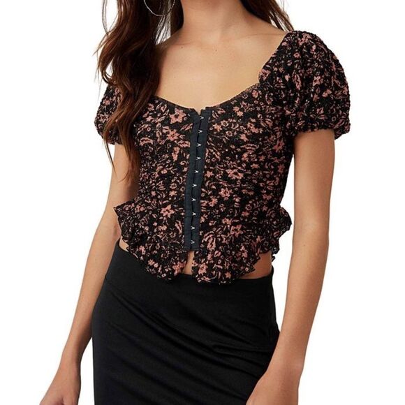 Free People Oh Baby! NWOT Black/Bronze Textured Crop Top Sz XS - Picture 1 of 8